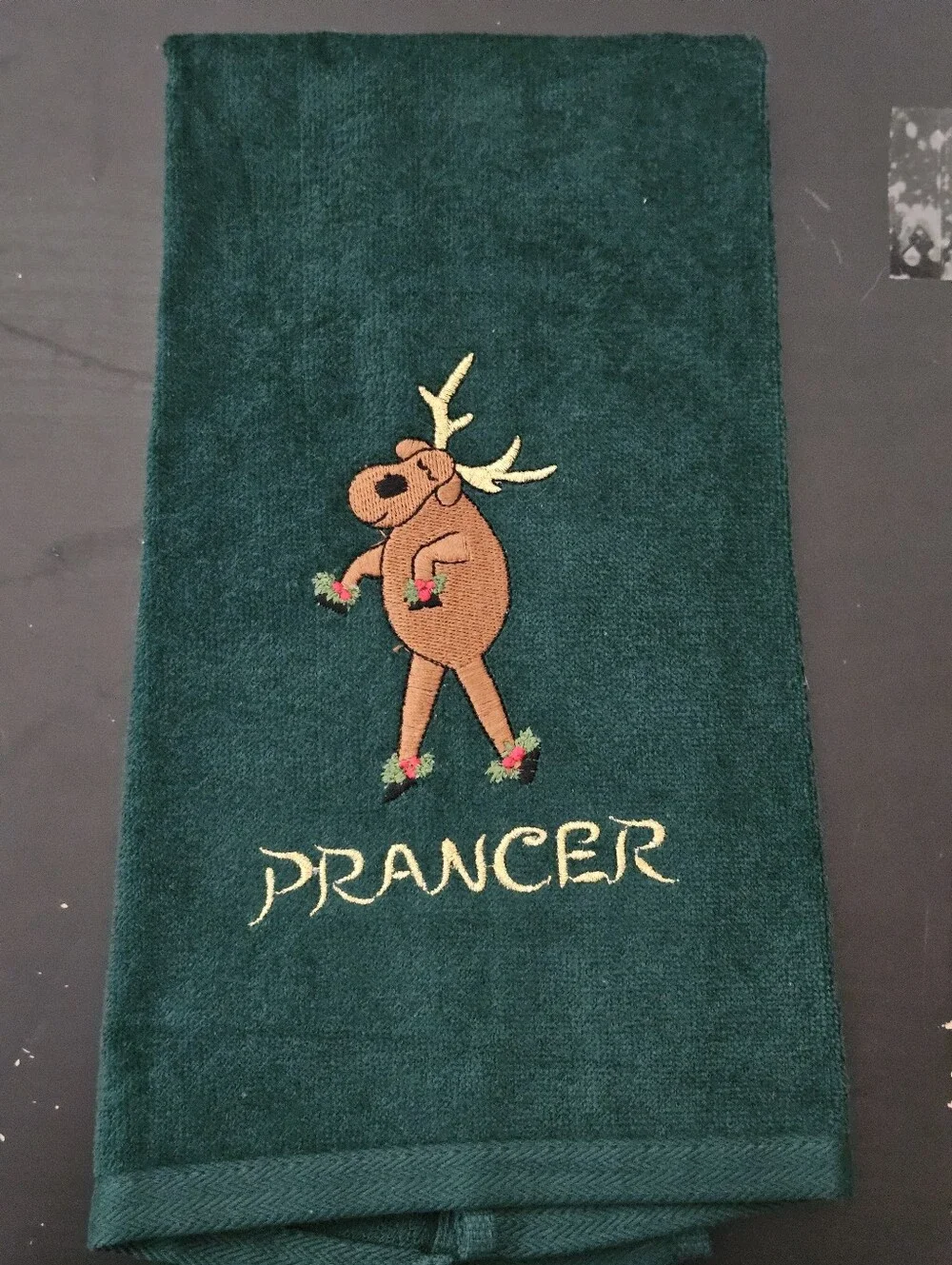 Embroidered Reindeer Holiday Kitchen Towels - Dark Green
